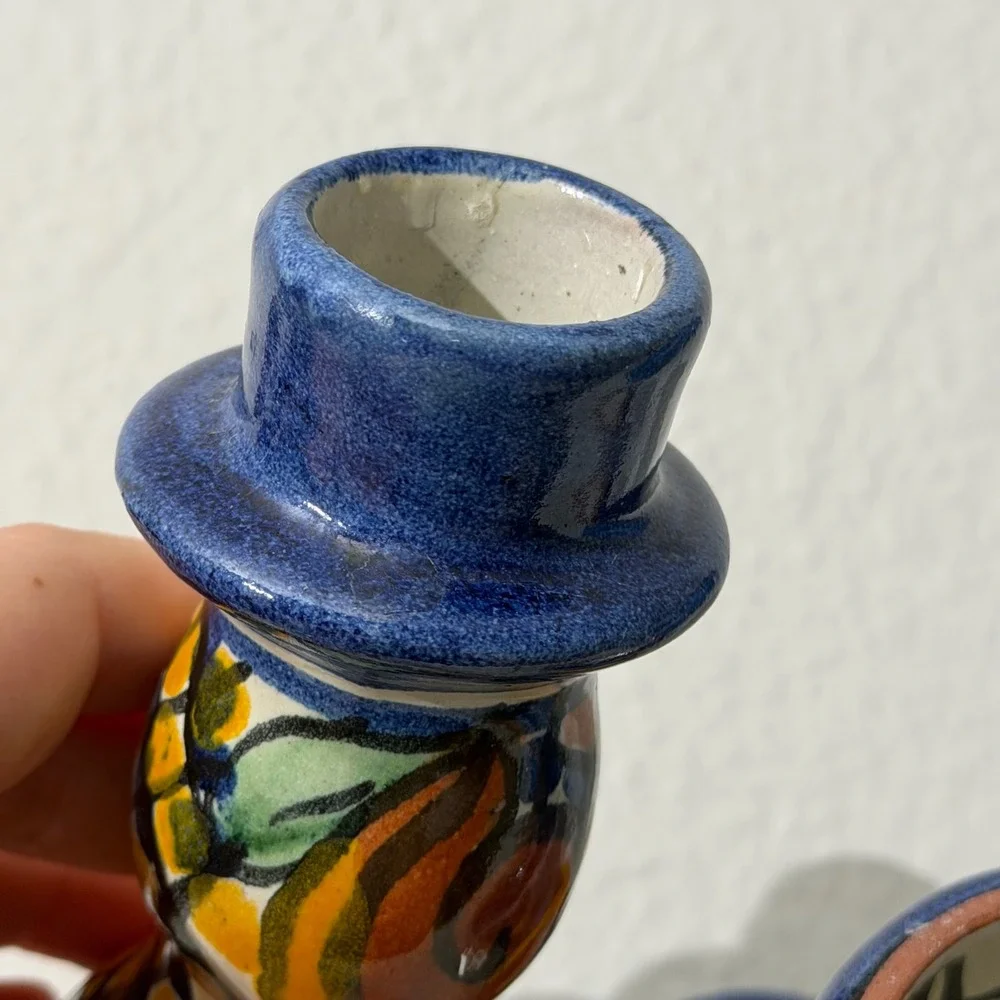 Vintage Mexican Pottery Candlestick Holders Pair Hand Painted Blue Folk Art